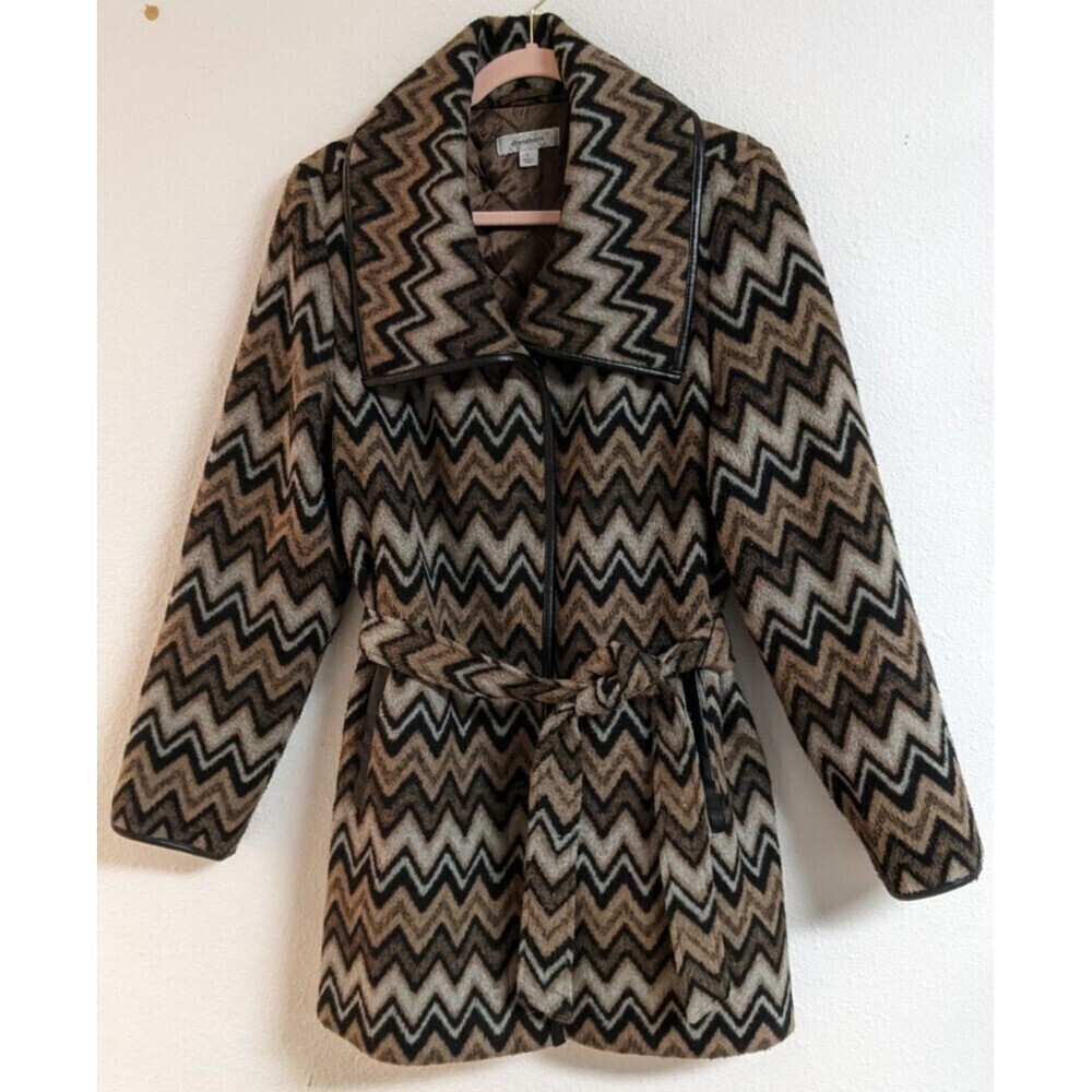 Women's DRESSBARN Chevron Pattern Belted Poly/Wool Blend Brown/Black Coat L